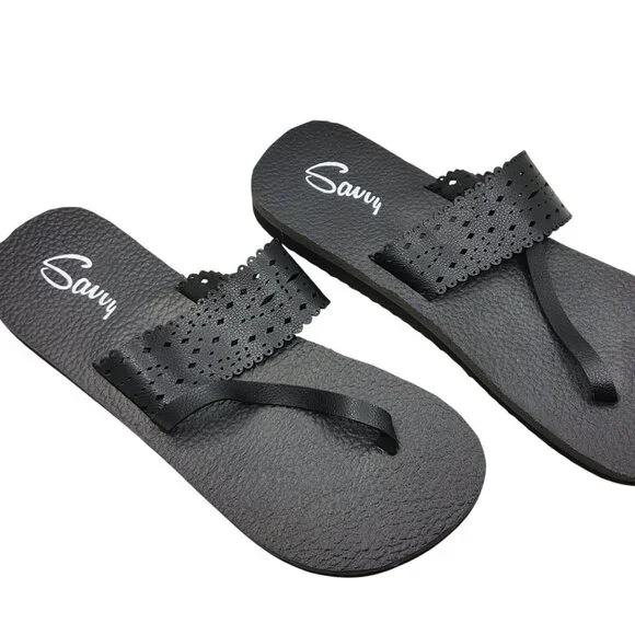 Womens Savvy Reed Flat Slip On Black Thong Sandals - Picture 2 of 6
